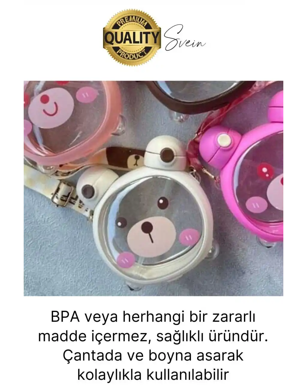 Sevimli Ayıcıklı Çocuk Suluğu Çift Kapaklı Pipetli Boyun Askılı Su Matarası Şişesi Beyaz Sticker