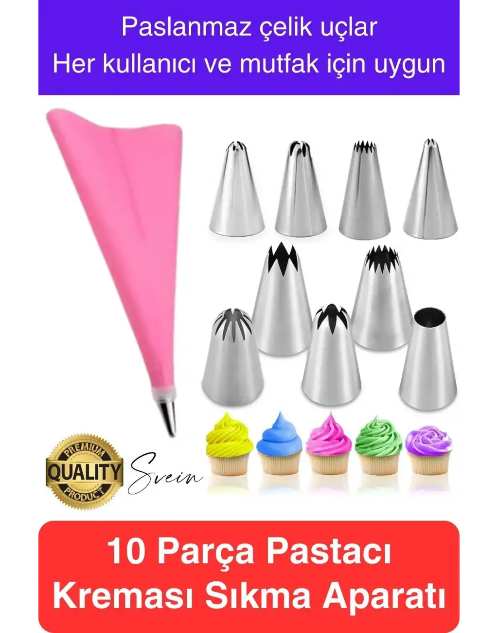 Uzun Ömürlü 10 Parça Paslanmaz Çelik Pasta Krema Sıkma Aparatı Seti Kesesi Torbası Dekoratif Süsleme