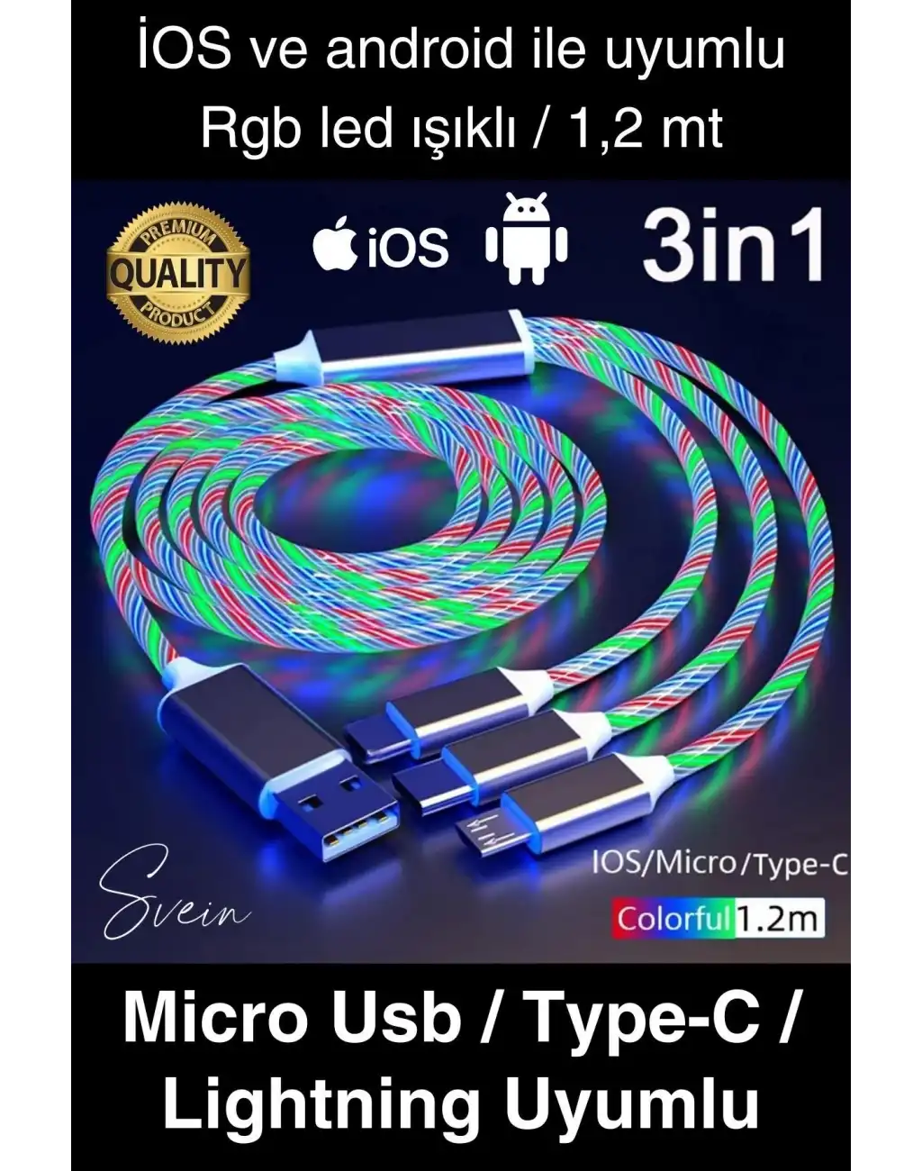 Özel Üretim Rgb Led Işıklı 3ü 1 Arada Şarj Kablosu Micro Usb Type-C Lightning Apple İphone Uyumlu