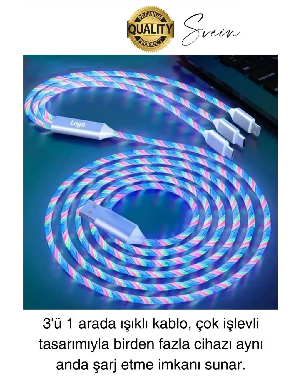 Özel Üretim Rgb Led Işıklı 3ü 1 Arada Şarj Kablosu Micro Usb Type-C Lightning Apple İphone Uyumlu
