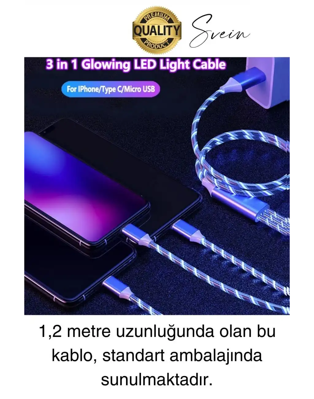 Özel Üretim Rgb Led Işıklı 3ü 1 Arada Şarj Kablosu Micro Usb Type-C Lightning Apple İphone Uyumlu