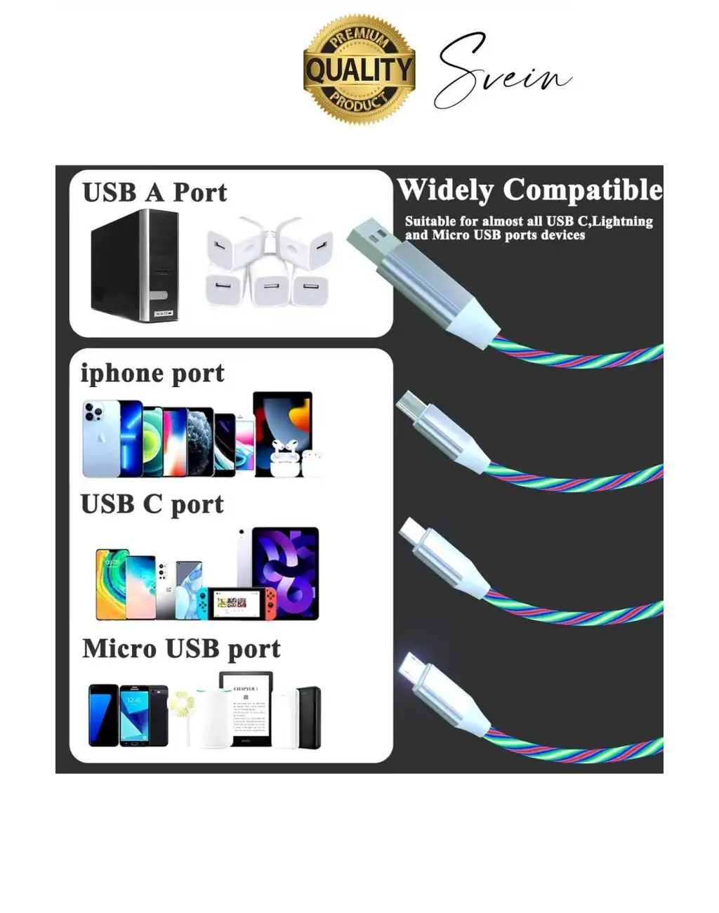 Özel Üretim Rgb Led Işıklı 3ü 1 Arada Şarj Kablosu Micro Usb Type-C Lightning Apple İphone Uyumlu