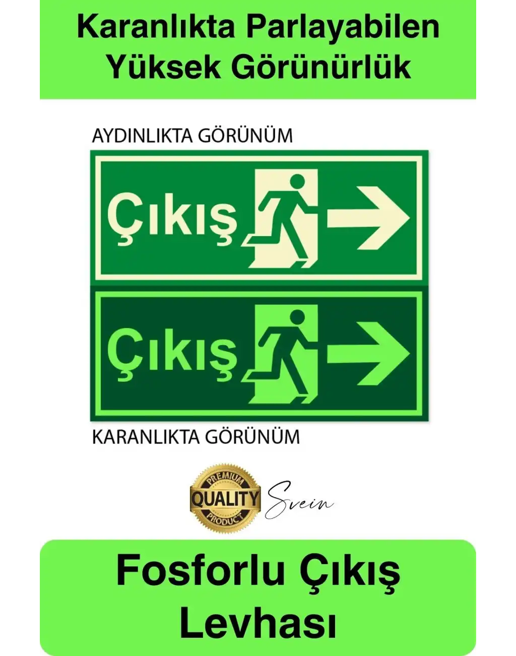 Karanlıkta Parlayan Fosforlu Acil Çıkış Yönlendirme Tabelası Aşağı Ok Levha Kaçış Yolu 30x10 cm