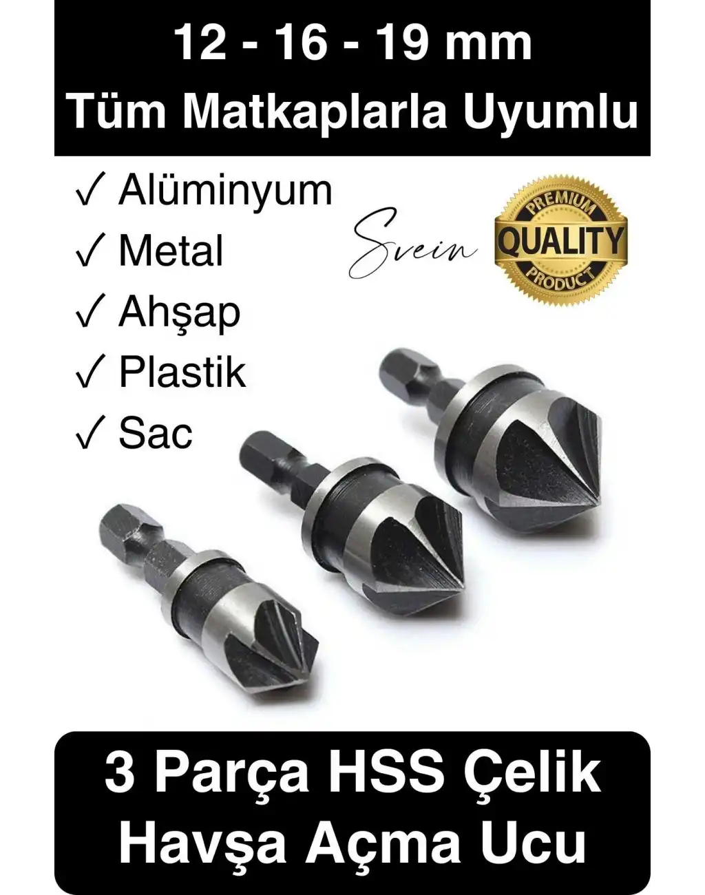 A Kalite 3 Parça Premium Havşa Açma Matkap Ucu Seti HSS Bits Uçlu Paslanmaz Çelik Kalın 12-16-19 mm
