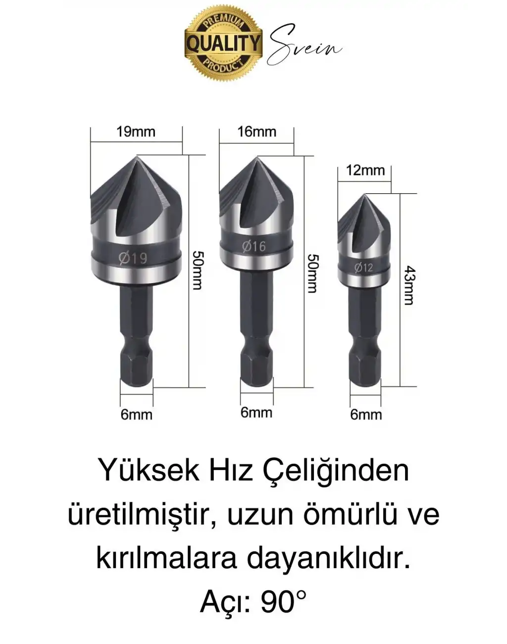 A Kalite 3 Parça Premium Havşa Açma Matkap Ucu Seti HSS Bits Uçlu Paslanmaz Çelik Kalın 12-16-19 mm