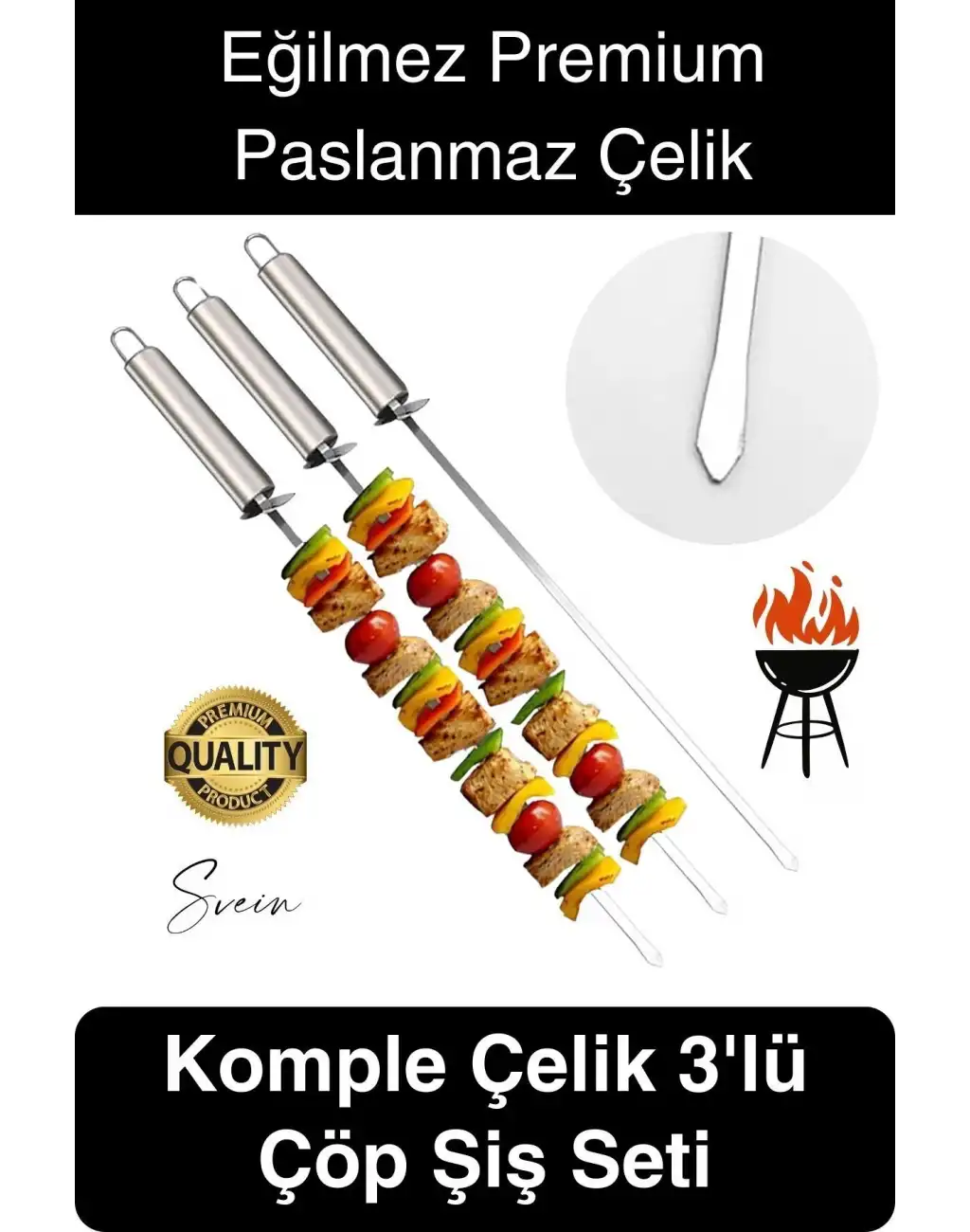 3 Adet 40 cm Premium Paslanmaz Çelik Saplı Izgara Şişleri Et Tavuk Barbekü Kebap Mangal Adana Urfa