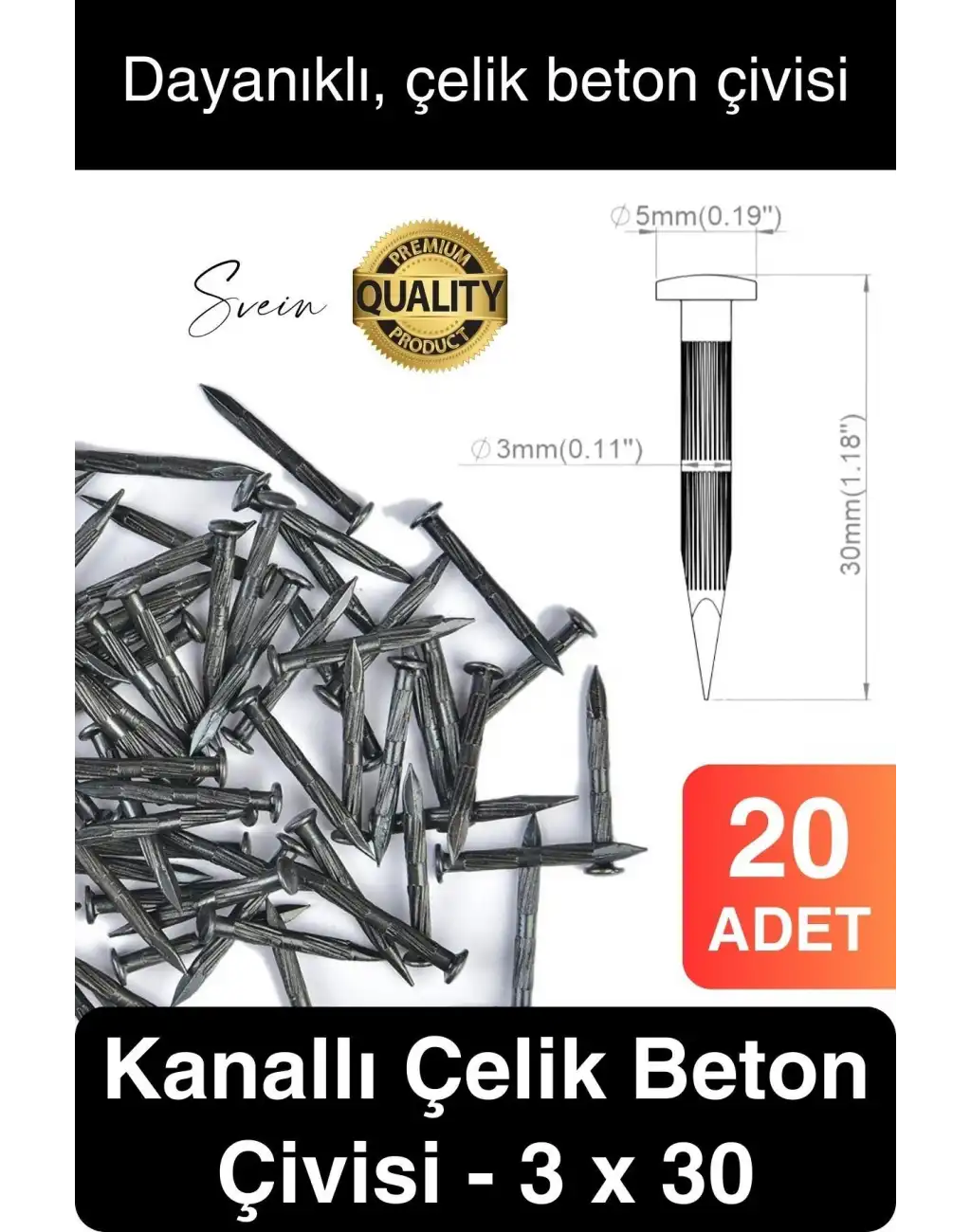 20 Adet 3x30 Kanallı Çelik Beton Çivisi 3 cm Duvar Saat Ayna Resim Tablo Asmak Ahşap Metal Sivri
