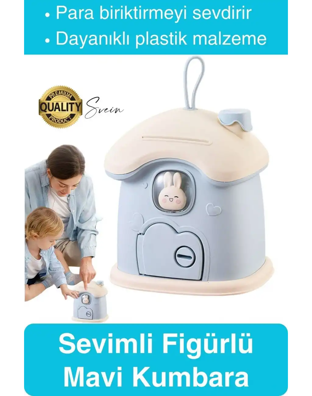 Sevimli Mavi Tavşan Figürlü Kilitli Çocuk Kumbara Bozuk Kağıt Para Saklama Kutusu Tasarruf