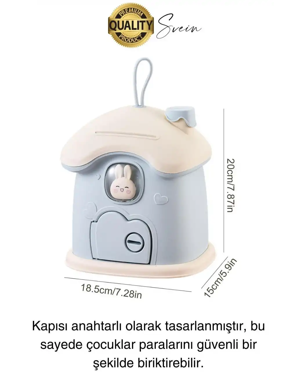 Sevimli Mavi Tavşan Figürlü Kilitli Çocuk Kumbara Bozuk Kağıt Para Saklama Kutusu Tasarruf