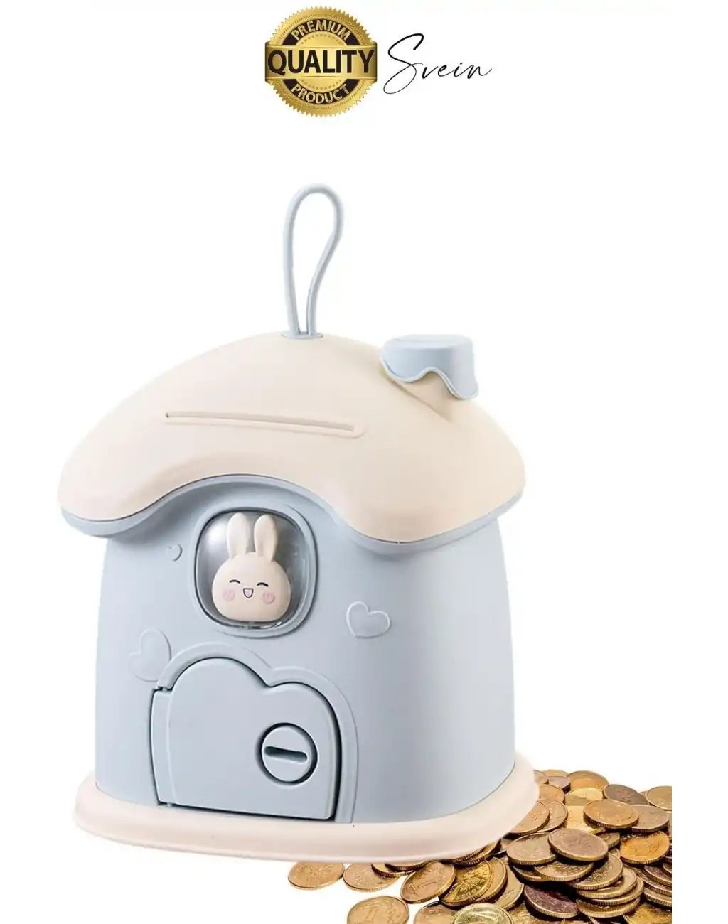 Sevimli Mavi Tavşan Figürlü Kilitli Çocuk Kumbara Bozuk Kağıt Para Saklama Kutusu Tasarruf