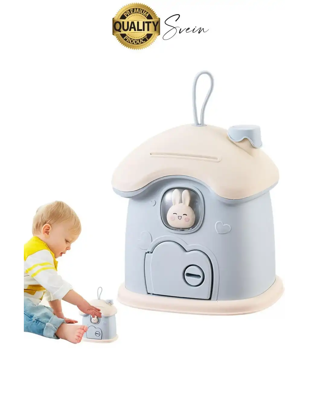 Sevimli Mavi Tavşan Figürlü Kilitli Çocuk Kumbara Bozuk Kağıt Para Saklama Kutusu Tasarruf