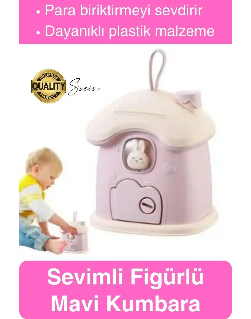 Sevimli Pembe Tavşan Figürlü Kilitli Çocuk Kumbara Bozuk Kağıt Para Saklama Kutusu Tasarruf