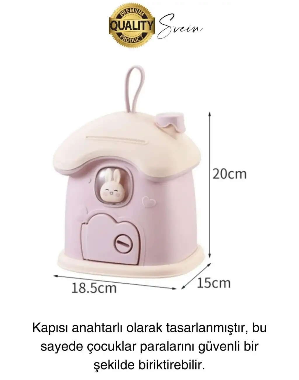 Sevimli Pembe Tavşan Figürlü Kilitli Çocuk Kumbara Bozuk Kağıt Para Saklama Kutusu Tasarruf