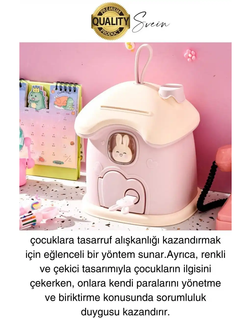 Sevimli Pembe Tavşan Figürlü Kilitli Çocuk Kumbara Bozuk Kağıt Para Saklama Kutusu Tasarruf