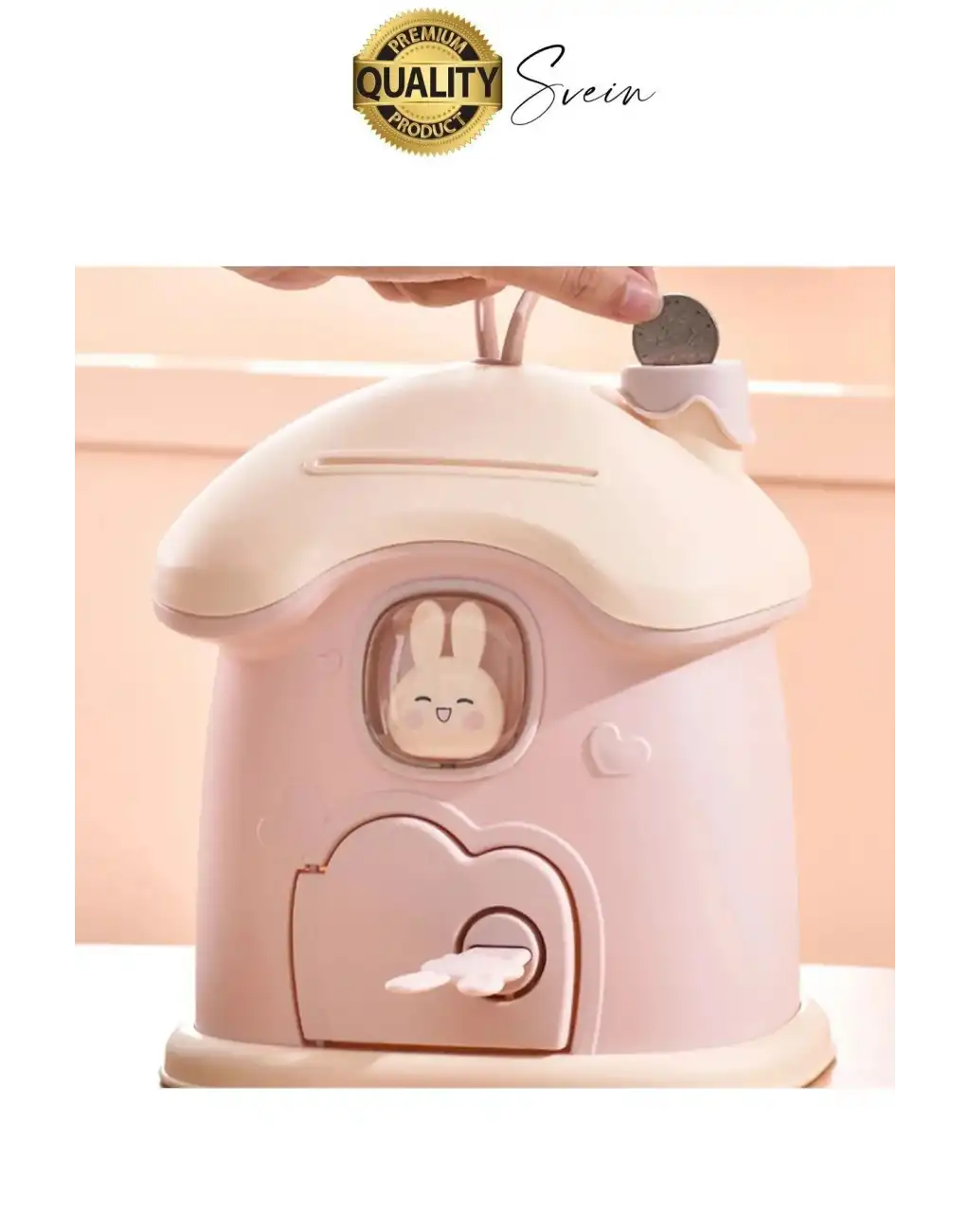 Sevimli Pembe Tavşan Figürlü Kilitli Çocuk Kumbara Bozuk Kağıt Para Saklama Kutusu Tasarruf