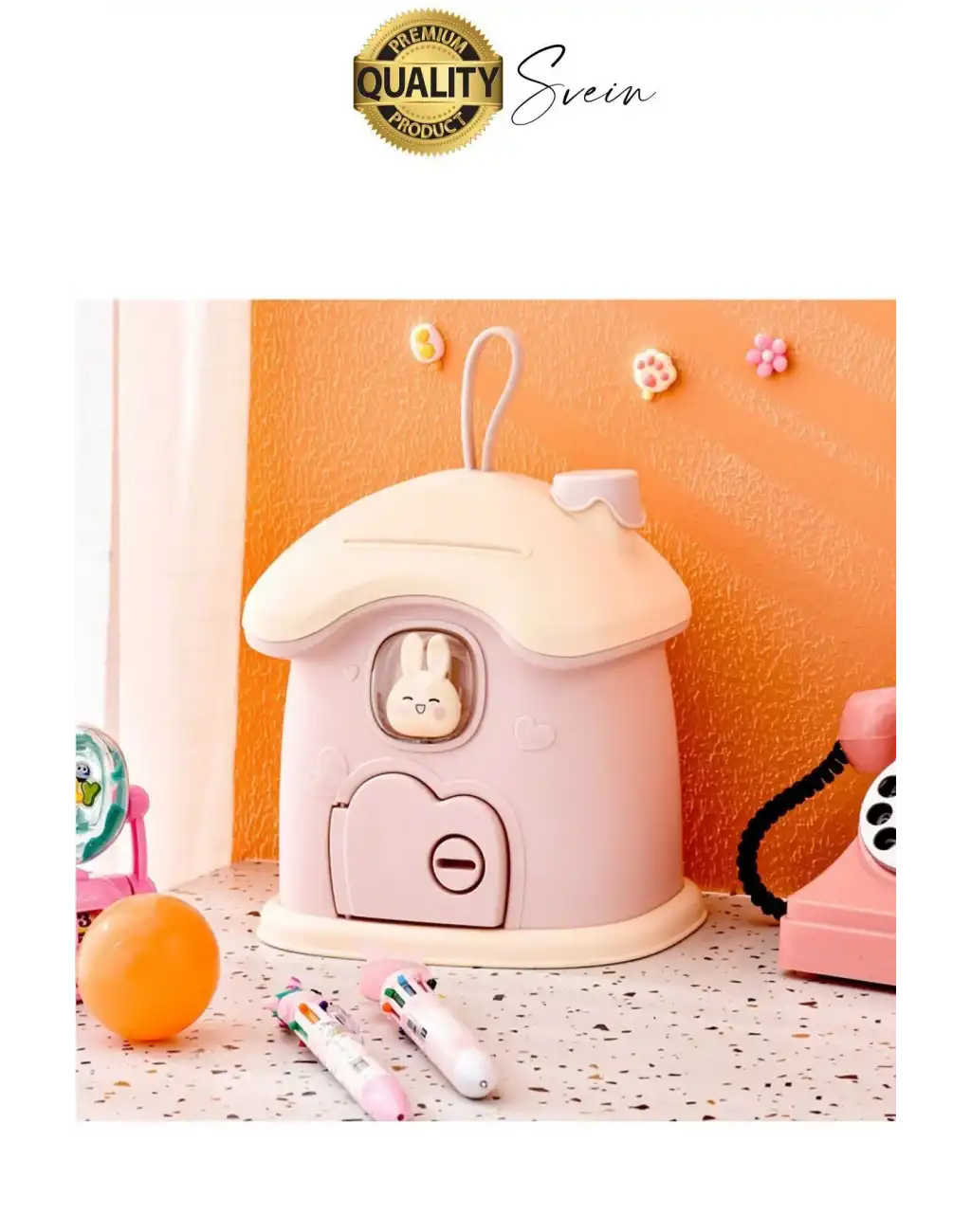 Sevimli Pembe Tavşan Figürlü Kilitli Çocuk Kumbara Bozuk Kağıt Para Saklama Kutusu Tasarruf