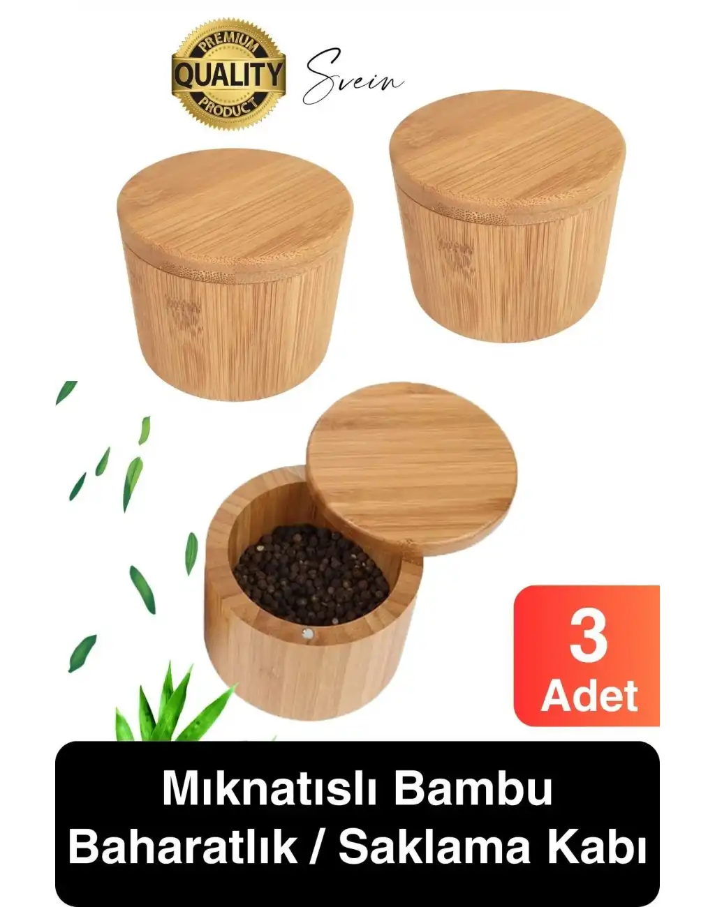 Premium Doğal Bambu Saklama Kabı Ahşap Baharat Kavanozu Kutusu Döner Kapaklı Mutfak Yuvarlak Tuz