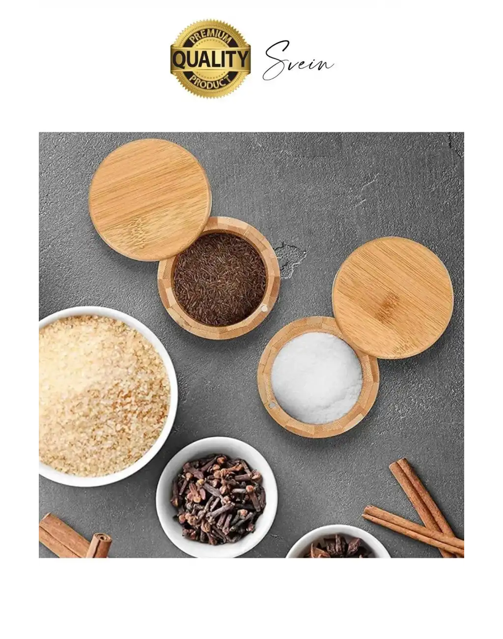 Premium Doğal Bambu Saklama Kabı Ahşap Baharat Kavanozu Kutusu Döner Kapaklı Mutfak Yuvarlak Tuz