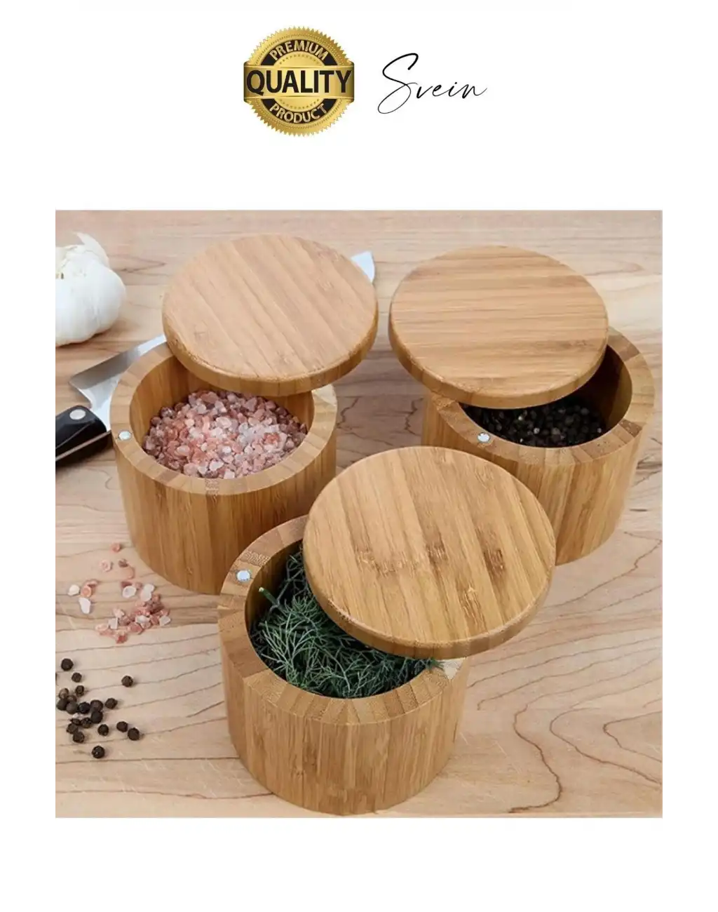 Premium Doğal Bambu Saklama Kabı Ahşap Baharat Kavanozu Kutusu Döner Kapaklı Mutfak Yuvarlak Tuz