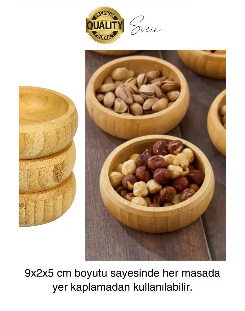 Premium 3lü Doğal Bambu Çerezlik Seti Ahşap Dekoratif Sade Kase Yuvarlak Atıştırmalık Kabı Sosluk