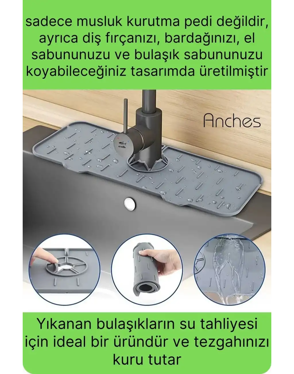 Mutfak Banyo Lavabo Silikon Musluk Arkası Mat Oluklu Su Tutucu Tezgah Üstü Bulaşık Kurutma Pedi