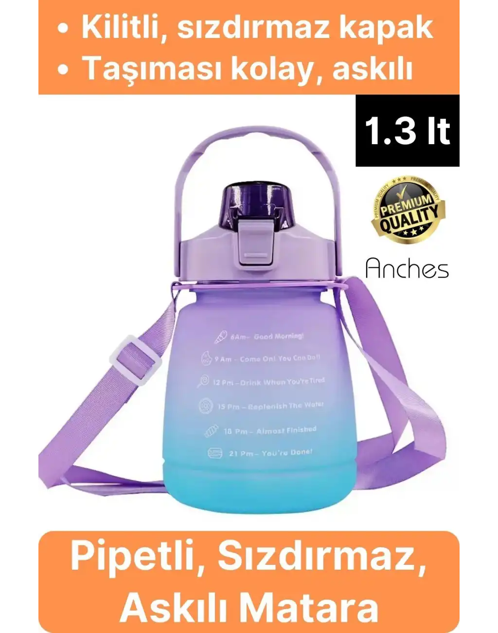 Askılı 1.3 Lt Pipetli Kilitli Sızdırmaz Kapak Tutacaklı Motivasyon Suluk Matara Kamp Okul Bpa Free