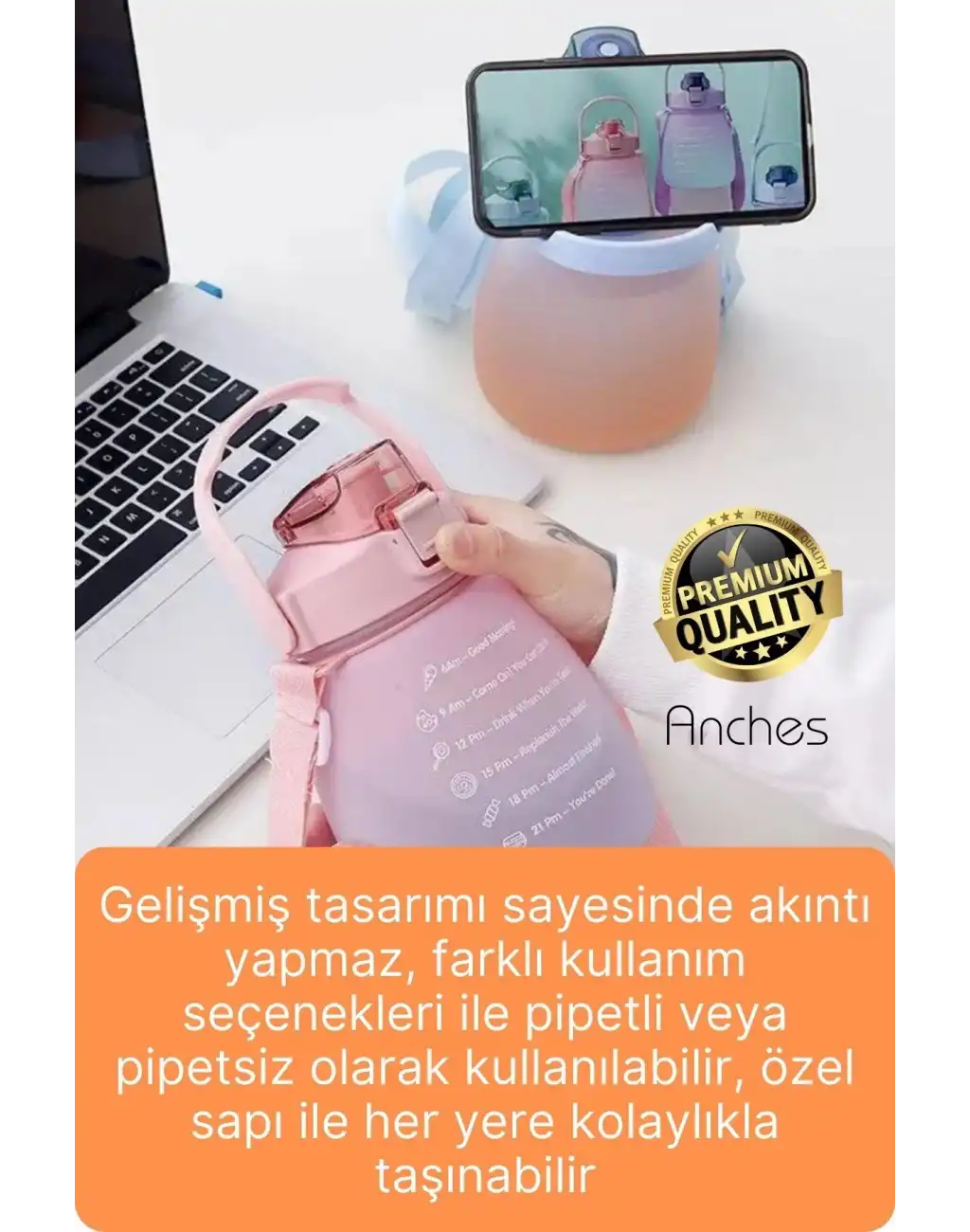 Askılı 1.3 Lt Pipetli Kilitli Sızdırmaz Kapak Tutacaklı Motivasyon Suluk Matara Kamp Okul Bpa Free