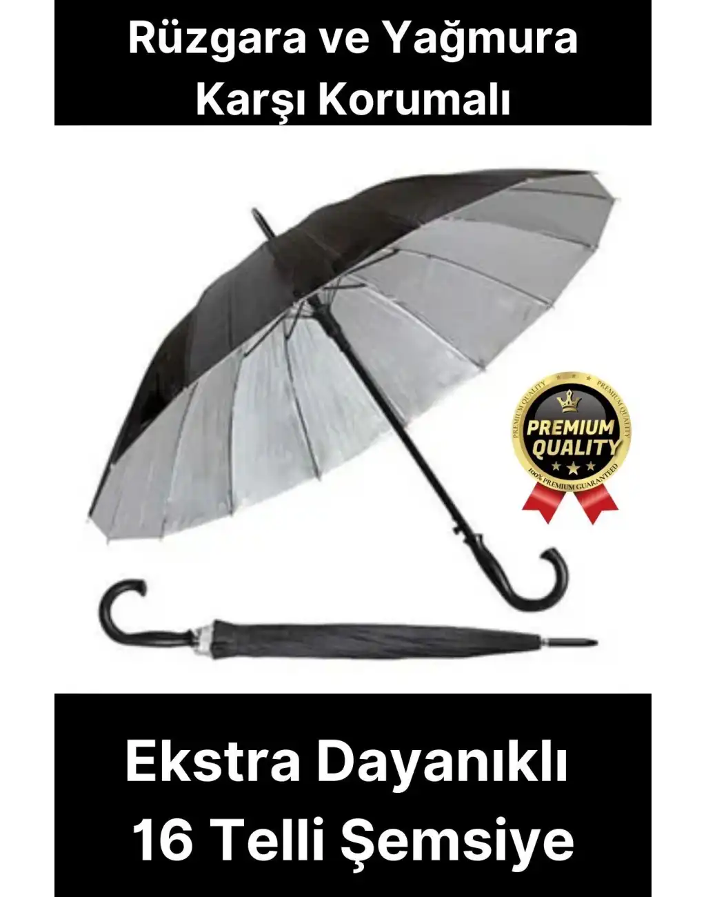 Ekstra Dayanıklı Rüzgara ve Yağmura Karşı Korumalı Siyah Fiber 16 Telli Bronz Gövde Şemsiye 55cm