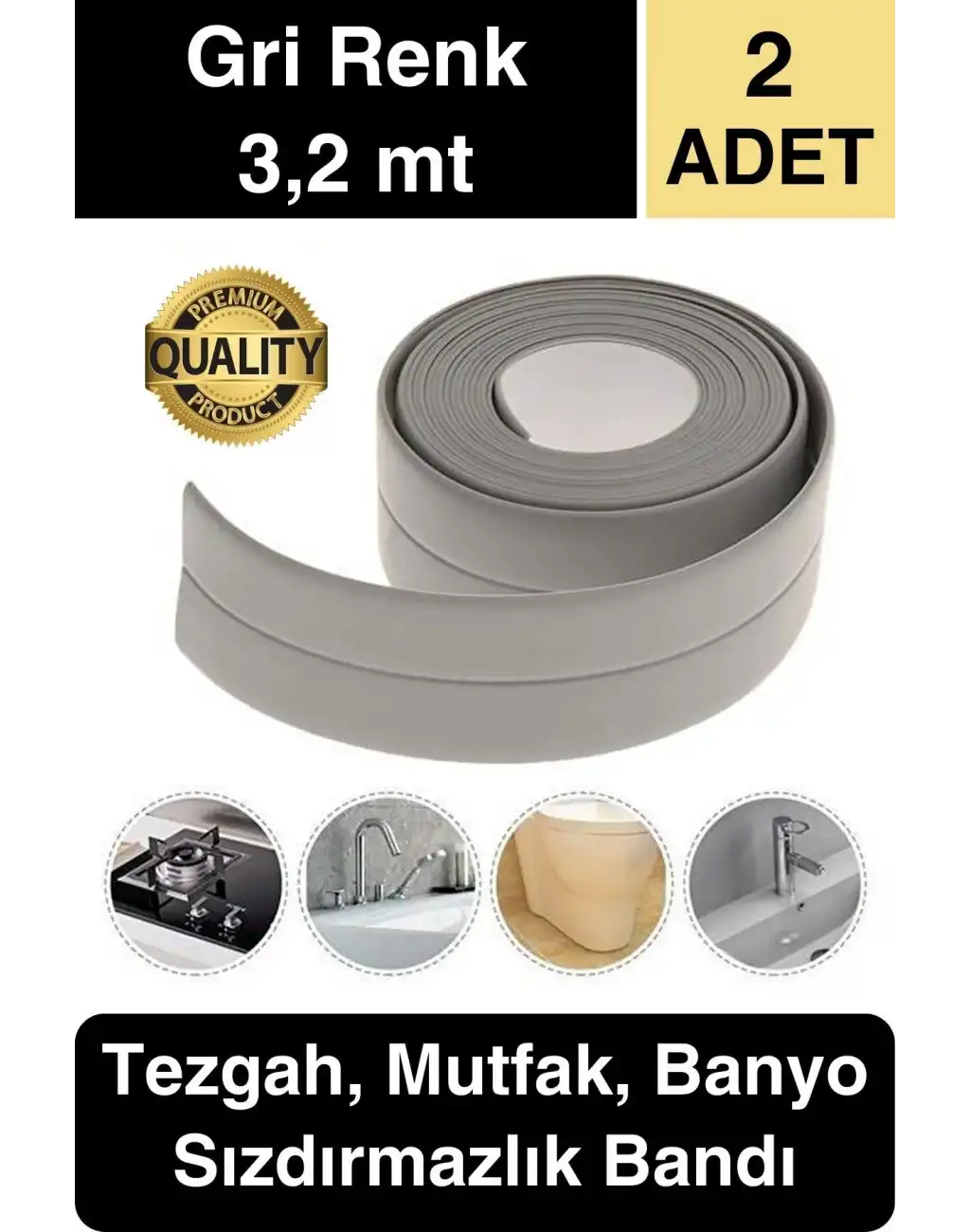 Premium Gri Ocak Tezgah Kenarı Banyo Mutfak Sızdırmaz Bant Su Geçirmez Küfe Dayanıklı 3,2 mt 2 Adet