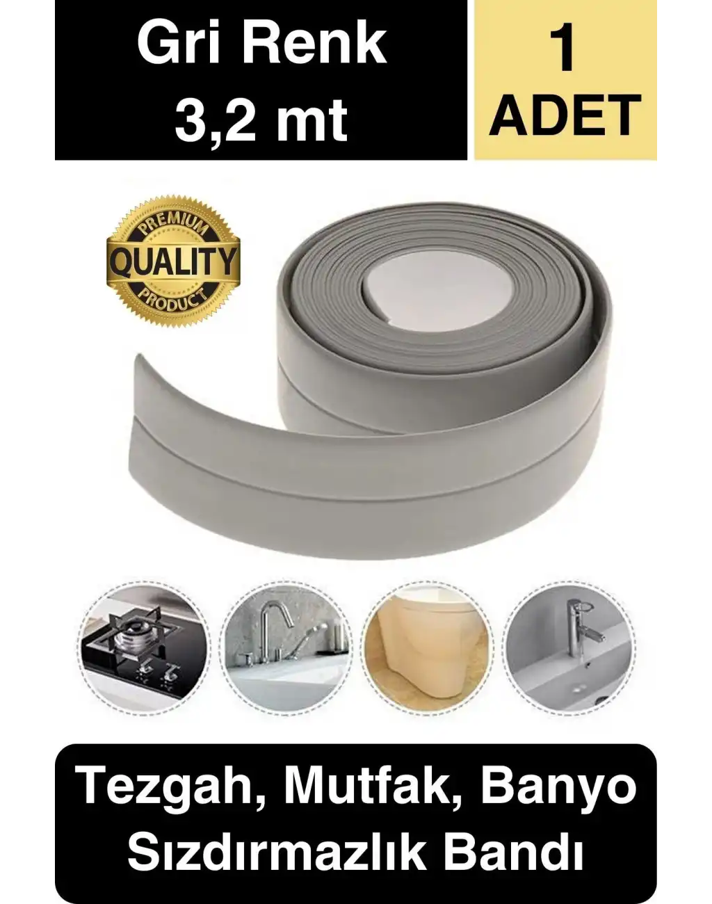 Premium Gri Ocak Tezgah Kenarı Banyo Mutfak Sızdırmaz Bant Su Geçirmez Küfe Dayanıklı 3,2 mt 1 Adet