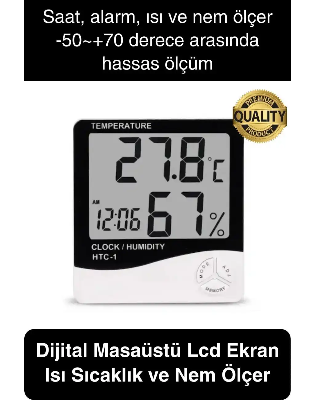 Premium Dijital Masaüstü Lcd Ekran Isı Sıcaklık ve Nem Ölçer Termometre Saat Alarm Pilli Beyaz
