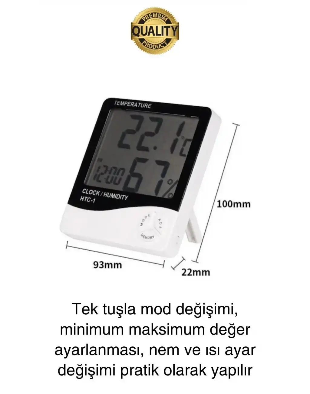 Premium Dijital Masaüstü Lcd Ekran Isı Sıcaklık ve Nem Ölçer Termometre Saat Alarm Pilli Beyaz