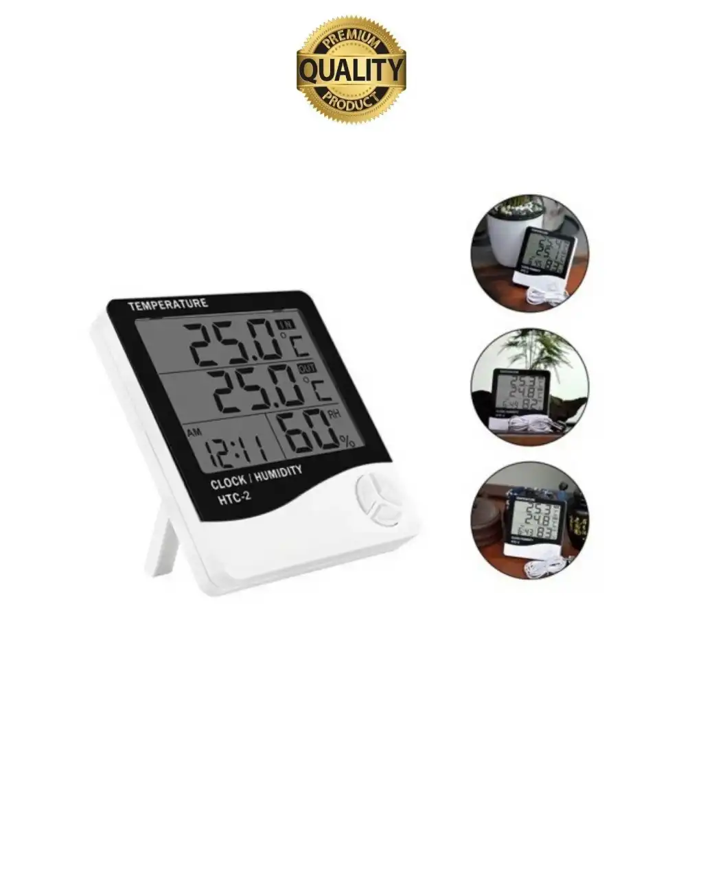 Premium Dijital Masaüstü Lcd Ekran Isı Sıcaklık ve Nem Ölçer Termometre Saat Alarm Pilli Beyaz