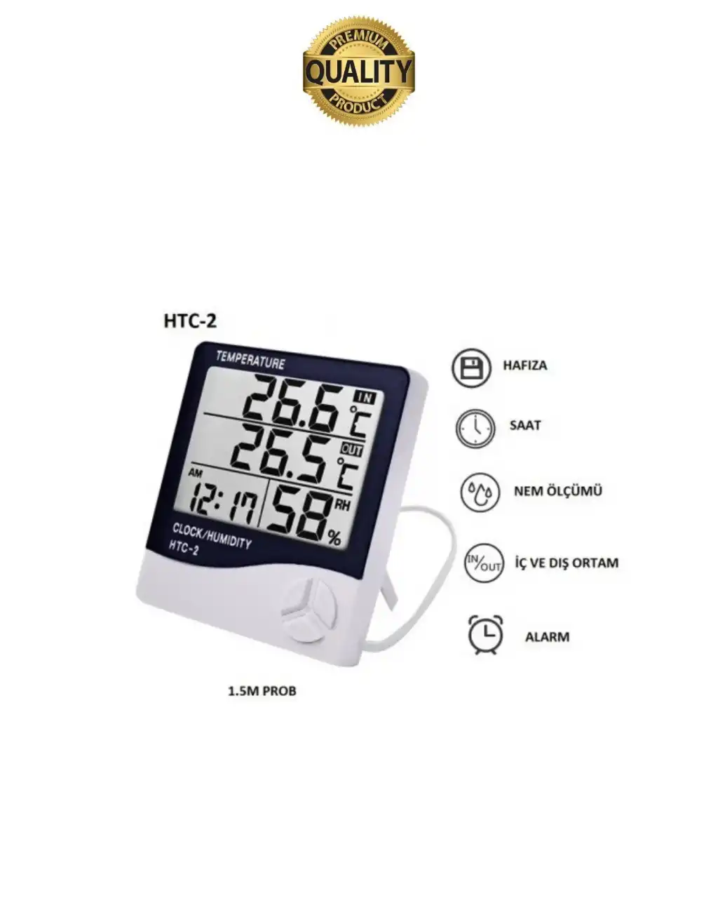 Premium Dijital Masaüstü Lcd Ekran Isı Sıcaklık ve Nem Ölçer Termometre Saat Alarm Pilli Beyaz