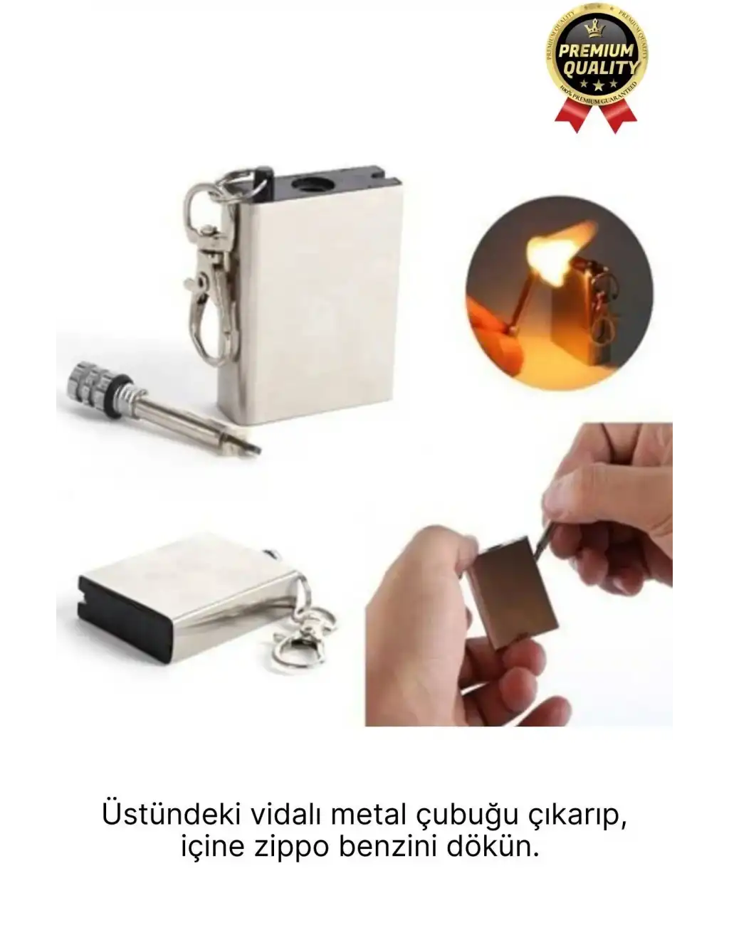 Benzinle Çalışan Rüzgarda Sönmeyen ve Taşınabilir Şık Anahtarlık Tasarım Metal Kibrit Çakmak Kamp