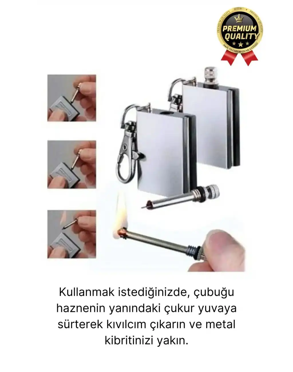 Benzinle Çalışan Rüzgarda Sönmeyen ve Taşınabilir Şık Anahtarlık Tasarım Metal Kibrit Çakmak Kamp