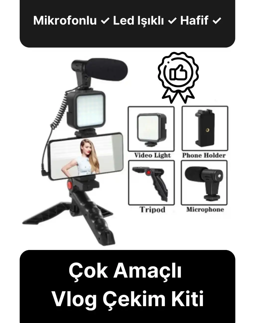 Ayarlanabilir Mikrofonlu Ses Kayıt Led Işıklı Çekim Selfie Çubuğu Canlı Yayın Tripod Vlog Çekim Kiti