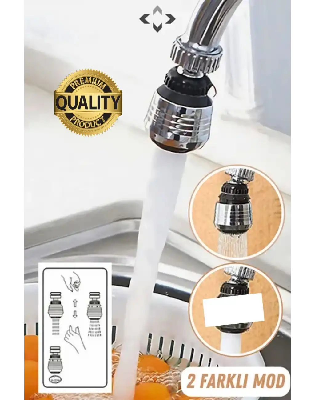 Premium 2 Modlu 360° Dönebilen Perlatör Başlığı Mutfak Lavabo Su Tasarrufu Musluk Ucu Şık Tasarım