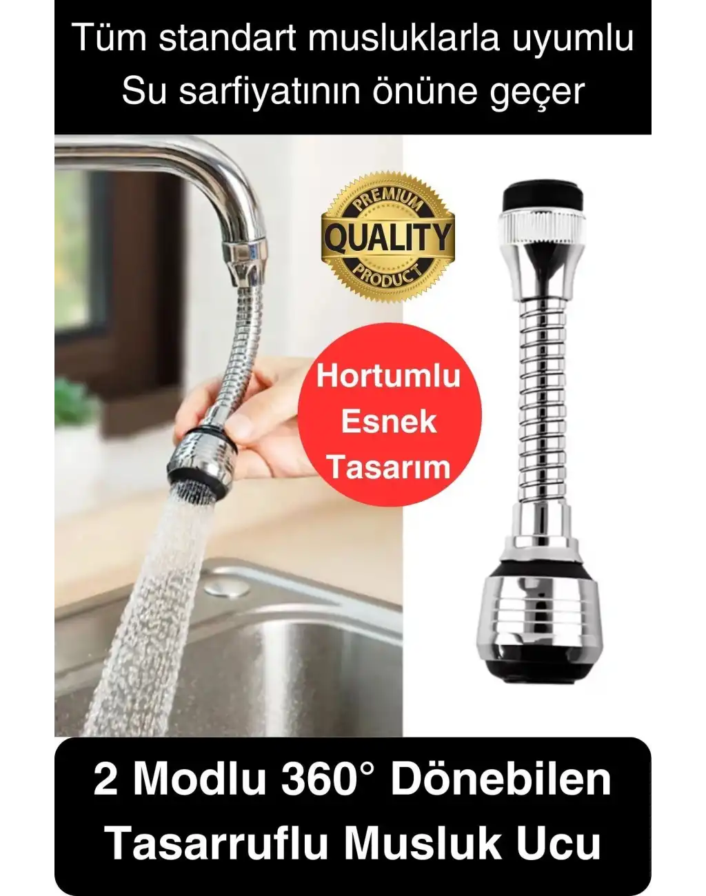 Premium 2 Modlu Hortumlu 360° Dönebilen Perlatör Başlık Mutfak Lavabo Tasarruflu Musluk Ucu Tasarım