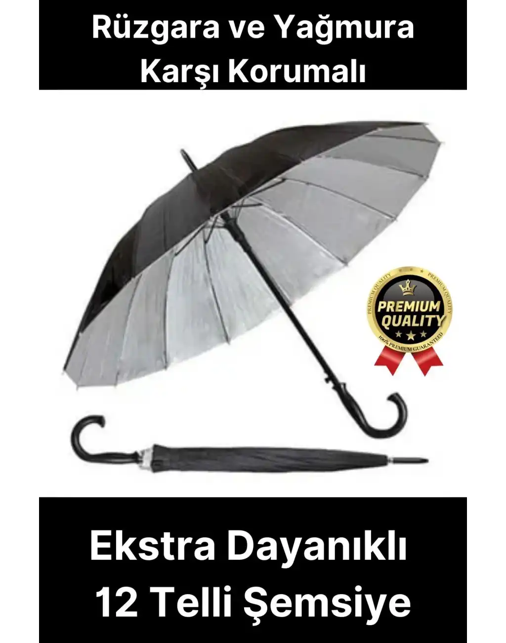 Ekstra Dayanıklı Rüzgara ve Yağmura Karşı Korumalı Siyah Fiber 12 Telli Bronz Gövde Şemsiye 55cm