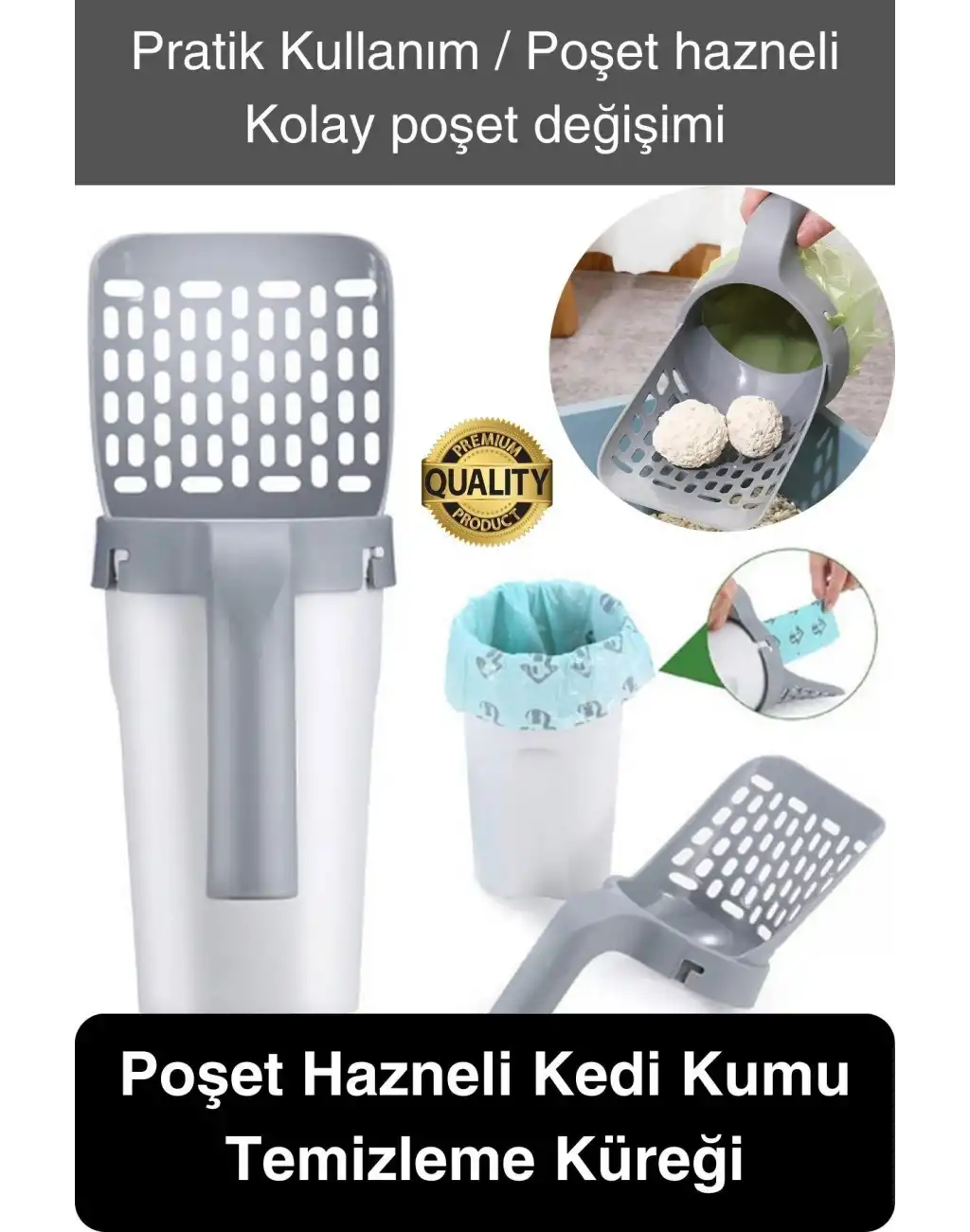 Yeni Nesil Premium Kedi Kumu Temizleme Küreği Elekli Hazneli Kaka Poşeti Hediyeli Büyük Boy Pratik