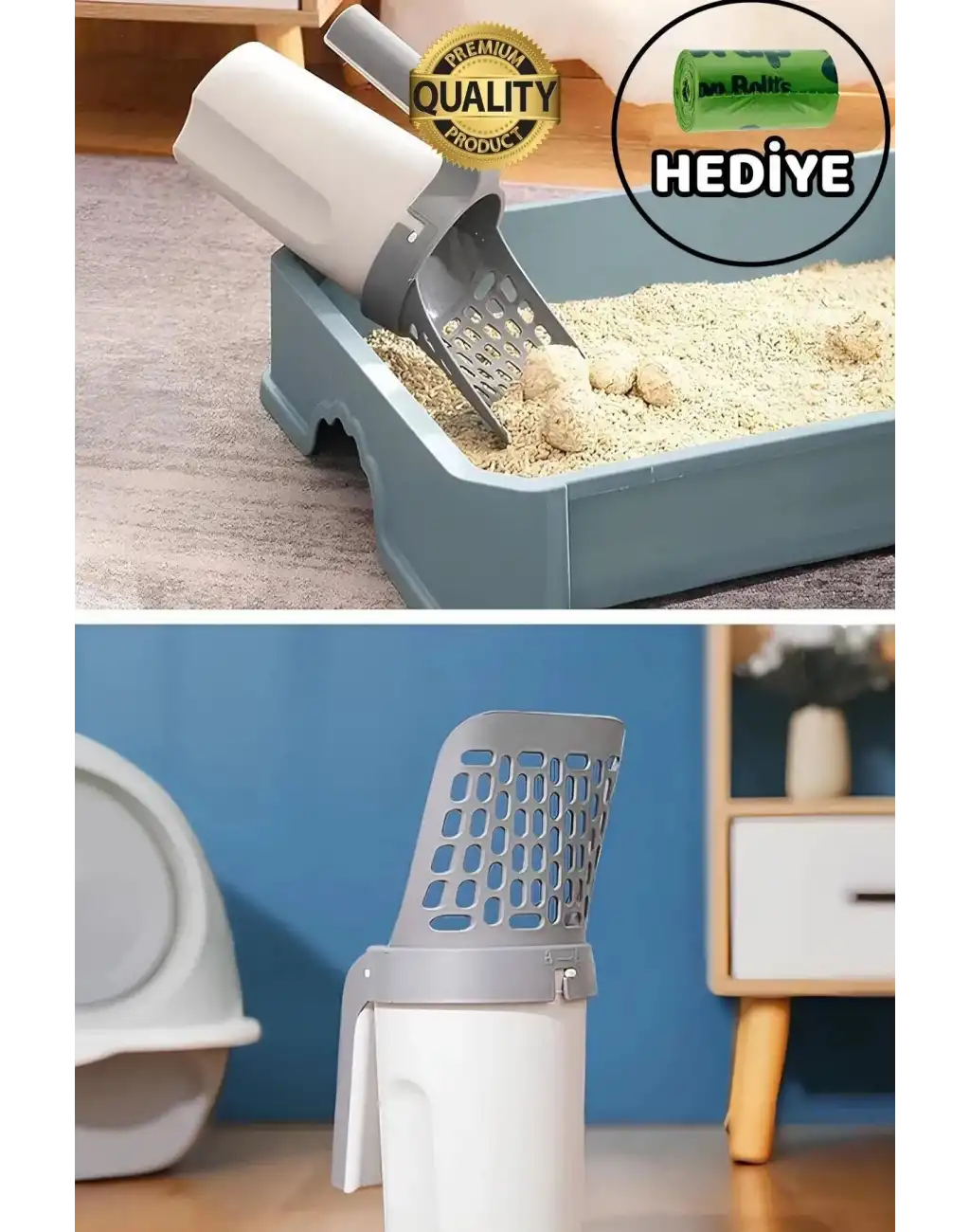 Yeni Nesil Premium Kedi Kumu Temizleme Küreği Elekli Hazneli Kaka Poşeti Hediyeli Büyük Boy Pratik