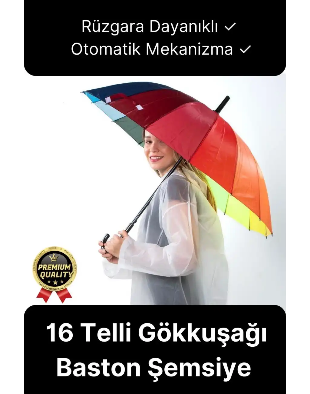Özel Tasarım Rüzgara Dayanıklı Otomatik Model Fiber 16 Telli  Gökkuşağı Desenli Baston Şemsiye 55cm