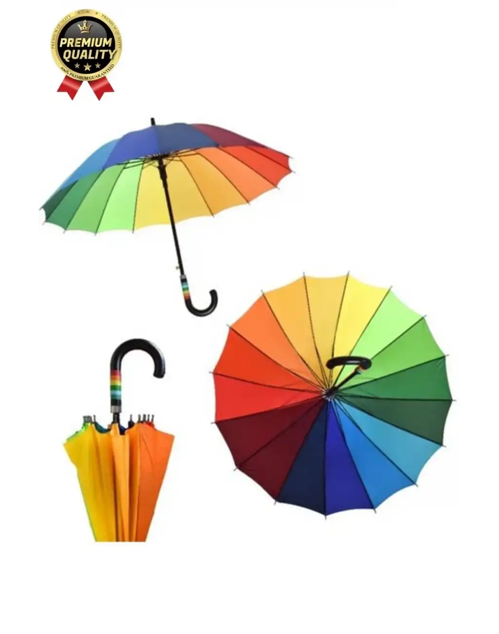 Özel Tasarım Rüzgara Dayanıklı Otomatik Model Fiber 16 Telli  Gökkuşağı Desenli Baston Şemsiye 55cm