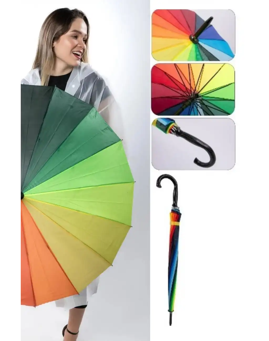 Özel Tasarım Rüzgara Dayanıklı Otomatik Model Fiber 16 Telli  Gökkuşağı Desenli Baston Şemsiye 55cm