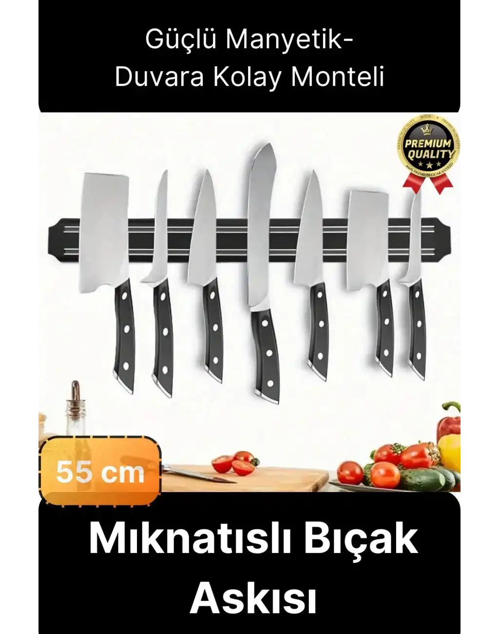 Pratik Güçlü Manyetik Duvara Monteli Yer Tasarrufu Mutfak Aleti Mıknatıslı Bıçak Standı Askısı-55 cm