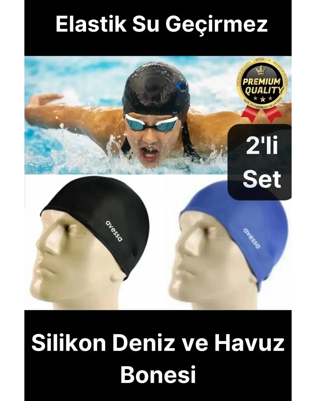 Özel Üretim Silikon Su Geçirmez Kaymaz Yüzücü Deniz ve Havuz Elastik Yüzme Şapkası Bonesi 2li Set