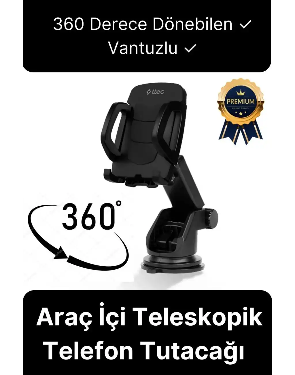 Çok Fonksiyonlu Dayanıklı Teleskopik 360 Derece Vantuzlu Araba Araç Cep Telefonu Tutucu Askılık