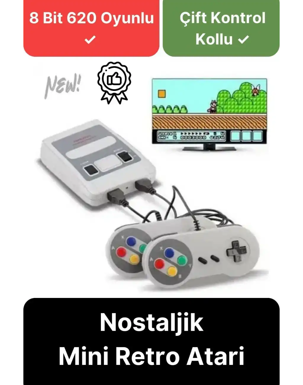 Premium HD Klasik 8 Bit 620 Oyunlu Televizyon Çift 2 Kontrol Kollu Nostalji Super Mini Retro Atari