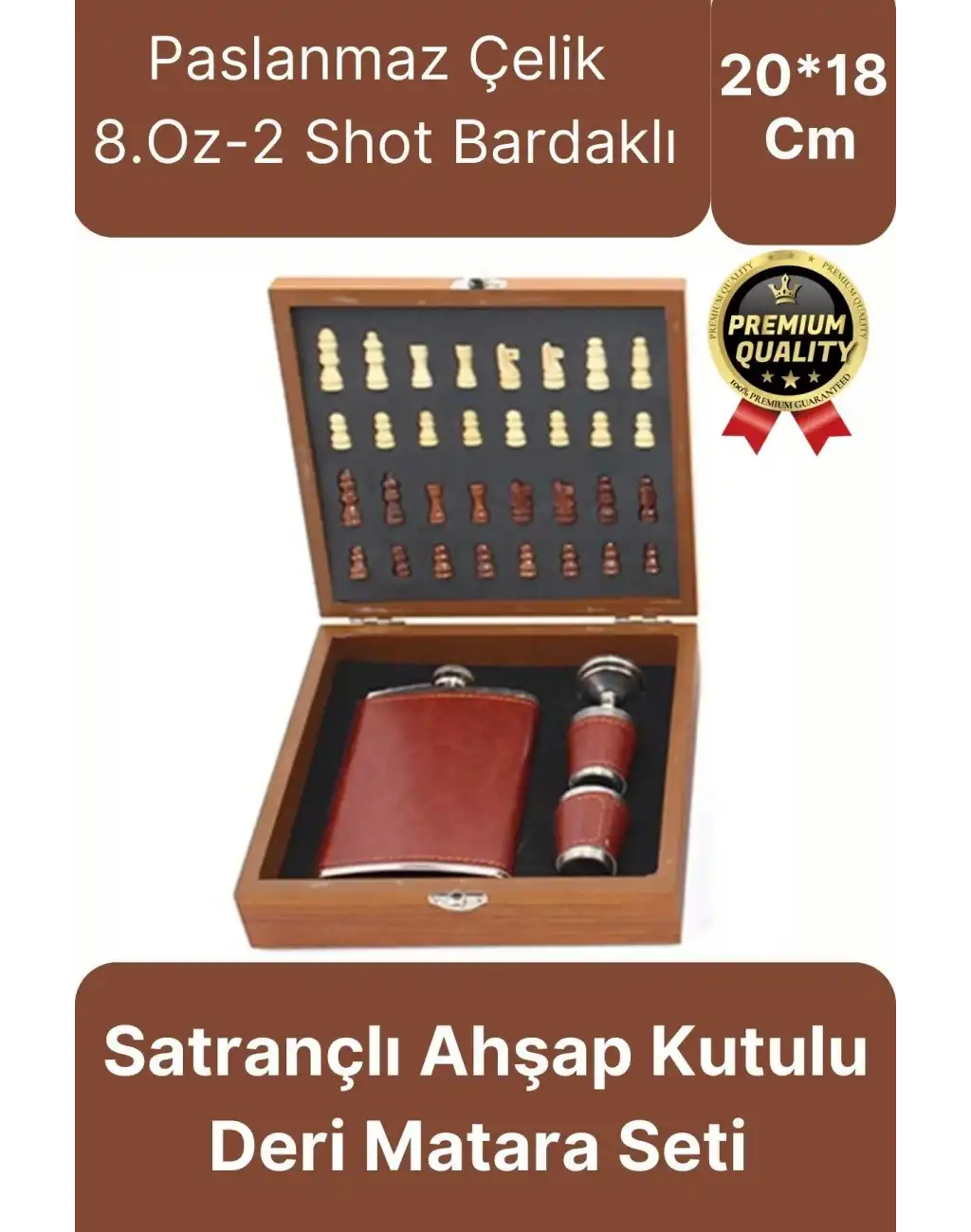 Deluxe Paslanmaz Çelik 8.Oz 2 Shot Bardaklı Satrançlı Ahşap Kutulu Alkol Deri Matara Seti 20*18 Cm